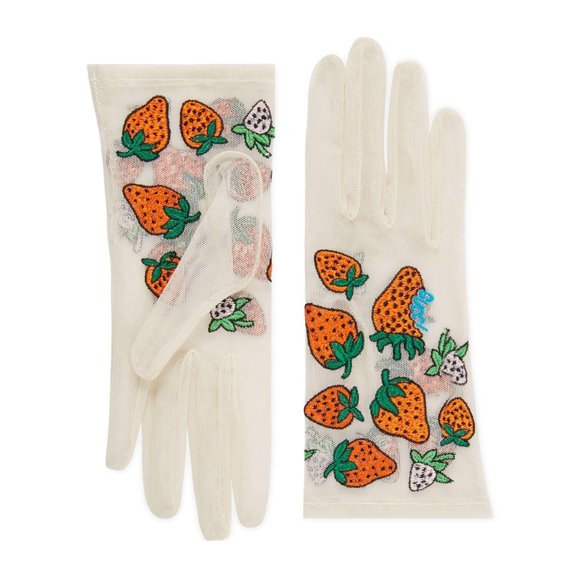 Gucci Tulle Strawberry Embroidered Gloves in White NEW IN BOX - Picture 1 of 8
